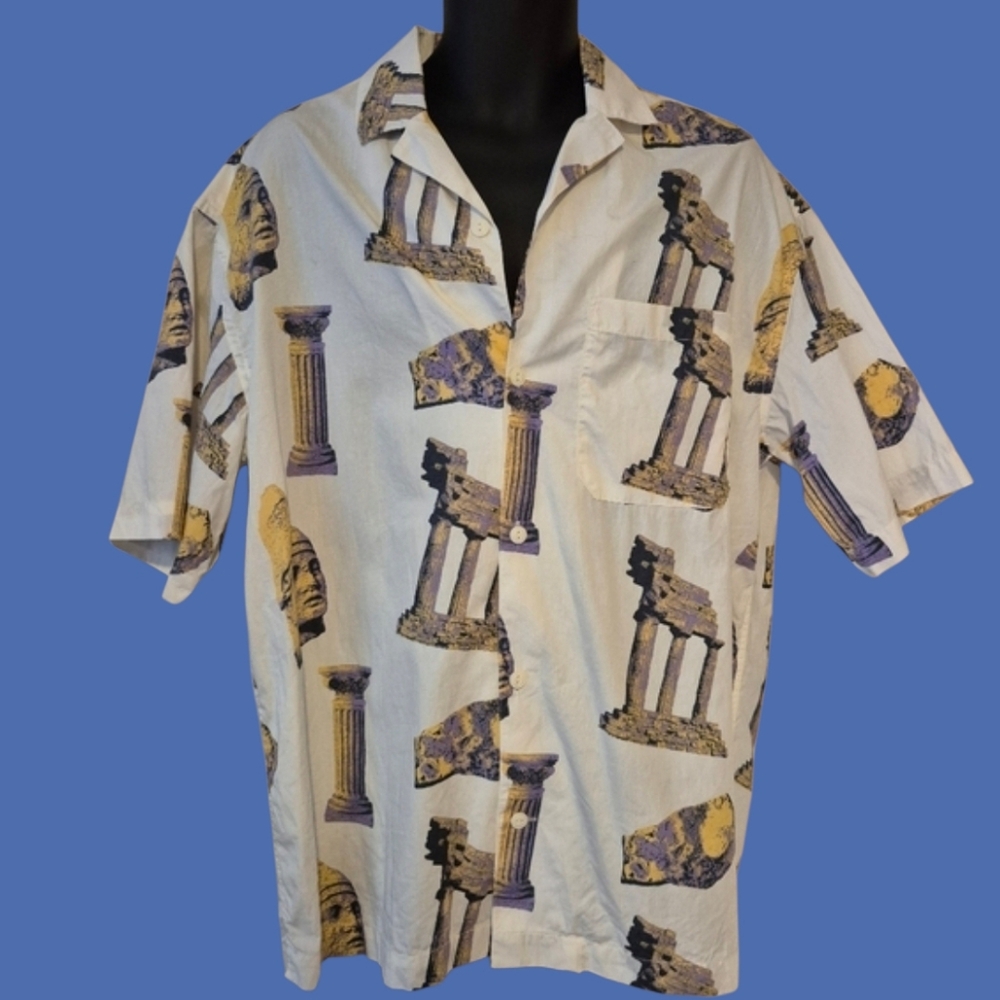 H&M Oversized Shirt with Purple and Yellow Greek Themed Mens Medium